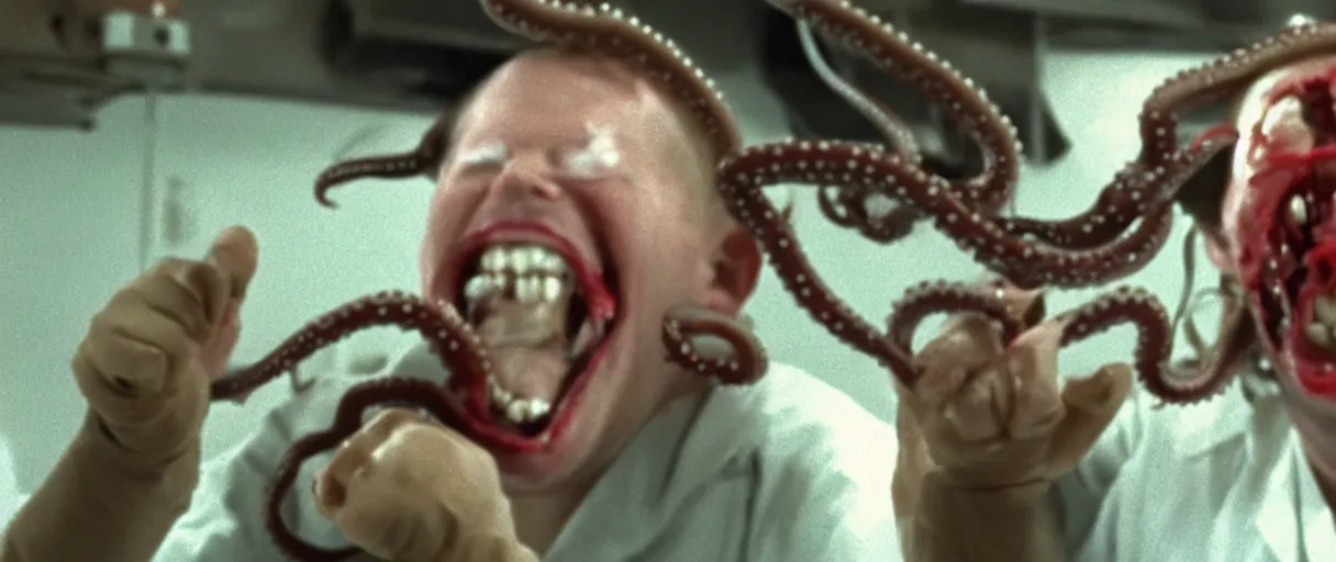 Image similar to filmic extreme close up shot movie still 4 k uhd interior 3 5 mm film color photograph of solidier screaming being grabbed by a scientist with tentacles in a bloody lab coat in a lab in antartica, 1 9 8 2