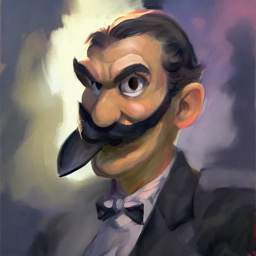 Image similar to greg manchess portrait painting of tactical waluigi, medium shot, asymmetrical, profile picture, organic painting, sunny day, matte painting, bold shapes, hard edges, street art, trending on artstation, by huang guangjian and gil elvgren and sachin teng