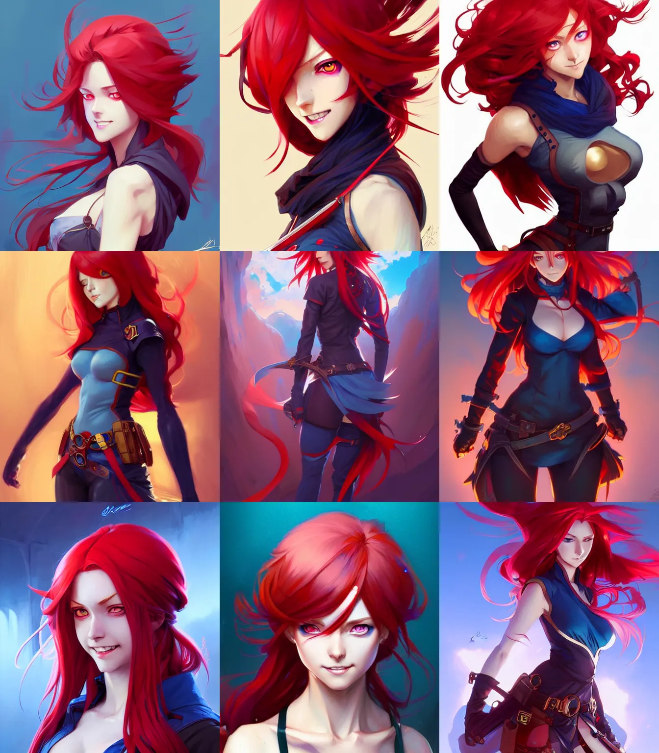 Prompt: rogue anime girl with vibrant red hair, hourglass slim figure, blue eyes, dungeons and dragons portrait, lovely smile, highly detailed, digital painting, artstation, concept art, sharp focus, illustration, art by artgerm and greg rutkowski and alphonse mucha