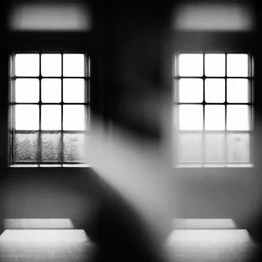 Prompt: volumetric light coming into dark room through window, black and white, cinematic, moody