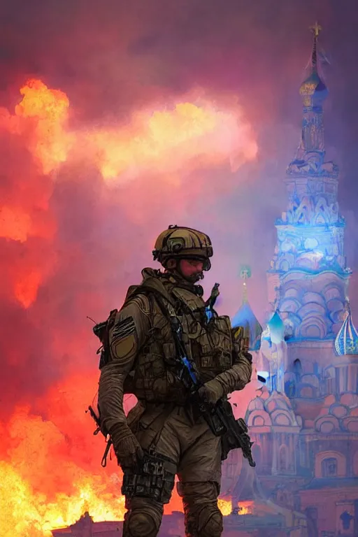 Image similar to special forces soldier with ukrainian blue and yellow flag watching red square burn, masculine figure, d & d, fantasy, bright atmosphere, volumetric lights, intricate, elegant, extremely detailed, digital painting, artstation, concept art, matte, smooth, sharp focus, hyper realistic, illustration, art by artgerm and greg rutkowski and alphonse mucha