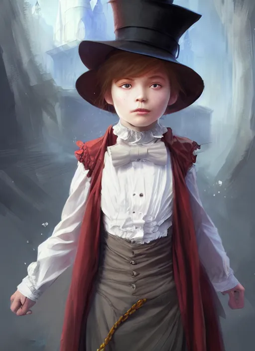 Image similar to character concept art of a victorian child magician, key visual, realistic shaded perfect face, fine details, dystopian environment and background, by stanley artgerm lau, wlop, rossdraws, james jean, andrei riabovitchev, marc simonetti, and sakimichan, trending on artstation