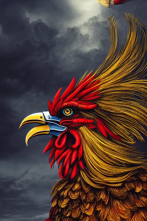 Prompt: a beautiful tarot card artwork of a rooster in armour, horror, backlit, gloomy sky, highly detailed, digital painting, intricate golden threads, by kevin siembieda, vivid colors, detailed shading, 8 k resolution, intricate, smooth