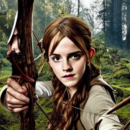 Prompt: emma watson as a wood elf, hunting with a bow