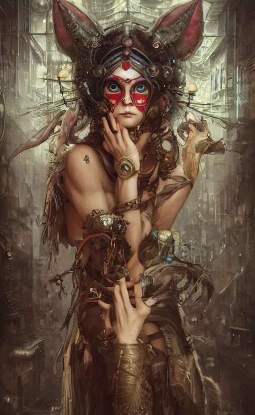 Image similar to hyper realistic Princess Mononoke, ornate mask magic, wet market street, cyberpunk metropolis, city landscape, jewels, full body pose, full moon, style of tom bagshaw, mucha, james gurney, norman rockwell, denoised, sharp