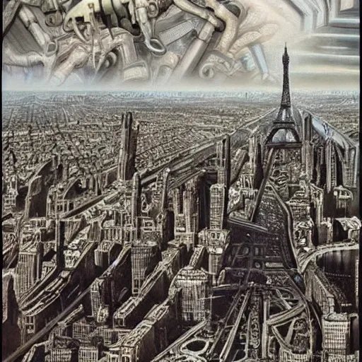 Image similar to The city of Paris, France during WW3 (2103), very detailed, cinematic, epic, grandiose, art by HG Giger