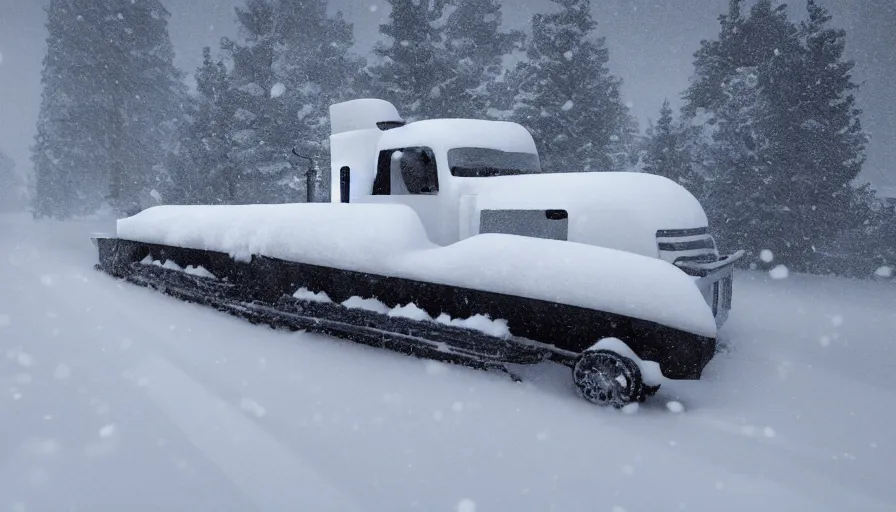 Image similar to snowplow covered by snow in beautiful winter landscape. fog, snowstorm, photorealistic rendering, octane, depth of field, blurry