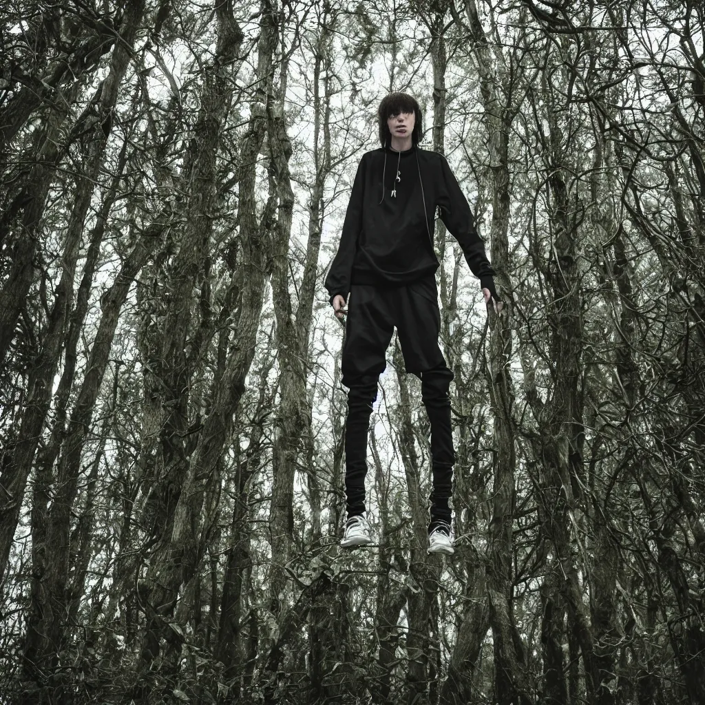 Prompt: cinematic still of bladee in dark forest, XF IQ4, f/1.4, ISO 200, 1/160s, 8K, RAW, dramatic lighting, symmetrical balance, in-frame