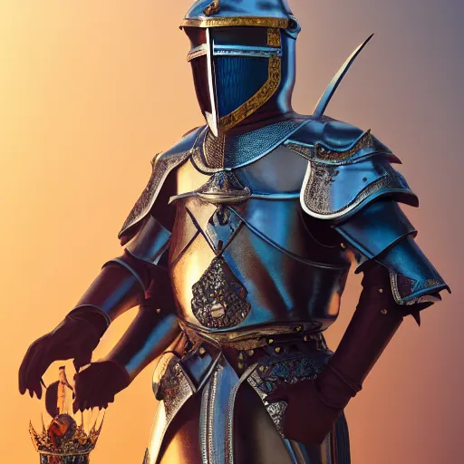 Image similar to a highly detailed knight in a T golden helmet and a golden crown with a blue diamond in the center, golden armor, leather clothes under the armor, leather gloves, holds a black sword, artstation, DeviantArt, professional, octane render, sunset lighting