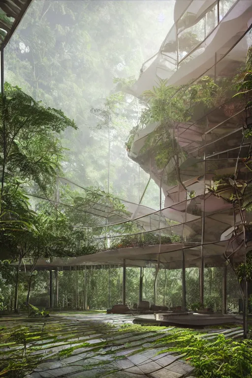 Image similar to architecture inspired by renzo piano deep in the rainforest. nature is taking over. metabolism. matte painting. octane render. hdr. volumetric lighting. global illumination. atmospheric.