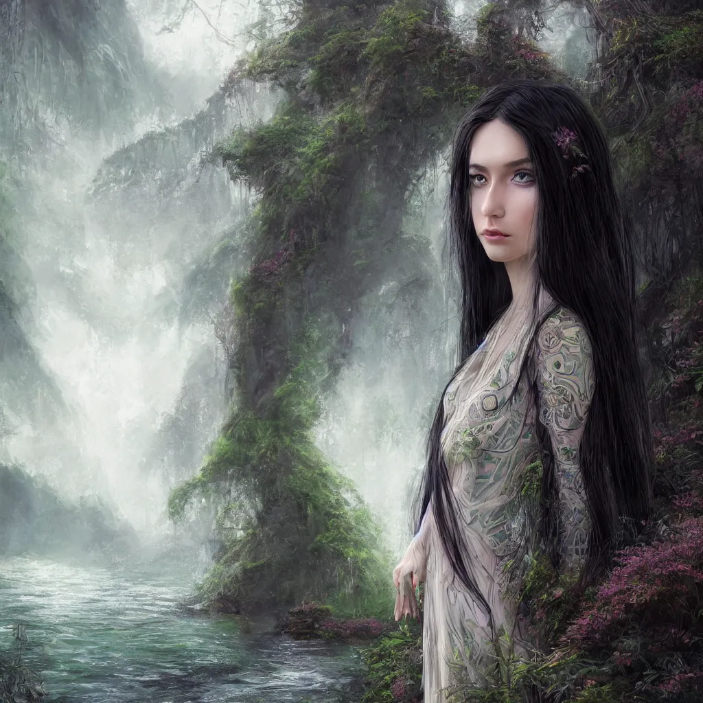 Image similar to Intricate picture of a single 25 years old Paludnitsa in a lush fjord. Long black hair, perfect face, beautiful eyes, intricate white dress, smooth, vivid colors, highly detailed, dreamlike, digital art by Eddie Mendoza, 4k, very wide shot.