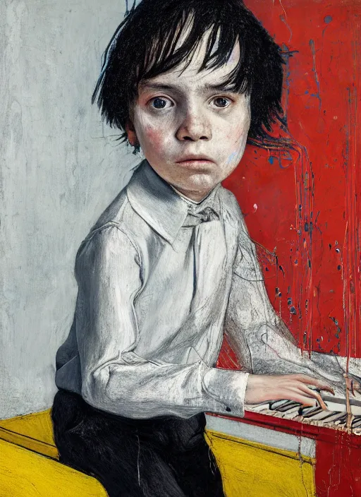 Prompt: portrait of a child piano player in suit waiting, vincent lefevre and beeple and hernan bas and pat steir and hilma af klint, psychological, photorealistic, background with strange perspective, symmetrical face, dripping paint, washy brush, rendered in octane, altermodern, grain, masterpiece