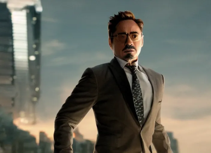 Image similar to film still of Robert Downey Jr as Cobb with the world bending in on itself in the background in Inception, 4k