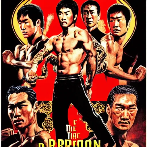 Prompt: Enter The Dragon movie poster by Peter Paul Rubens, Art Nouveau, European palette, with Bruce Lee and Ali , with full body yakuza tattoo, in fighter poses, 4K, super detailed, symmetrical design