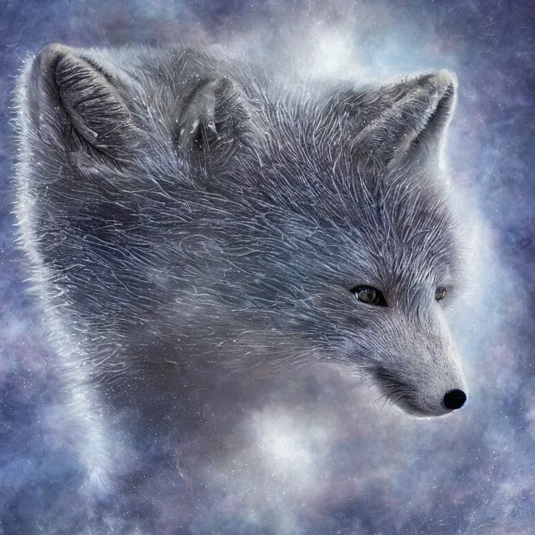 Image similar to hyperrealistic surrealistic arctic fox bring ice and fire and destruction to the world photorealistic symmetrical detailed fractal