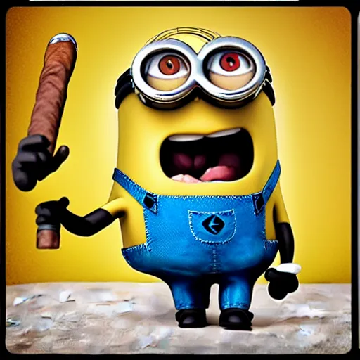 Prompt: brutal minion with cigar in mouth, holding shotgun