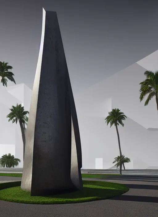 Image similar to highly detailed realistic architecture 3 d render of a metallic stele monument in zaha hadid style standing on a side of a road, archdaily, made in unreal engine 4 octane render