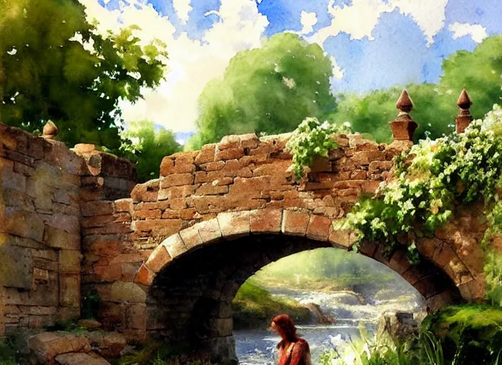 Image similar to watercolor of rustic stone bridge with mural, ivy, summer daylight, bright clear day, clouds, high detailed art by dennis miller bunker, work by anders zorn, wonderful masterpiece by greg rutkowski, beautiful cinematic light, american romanticism by greg manchess, creation by tyler edlin