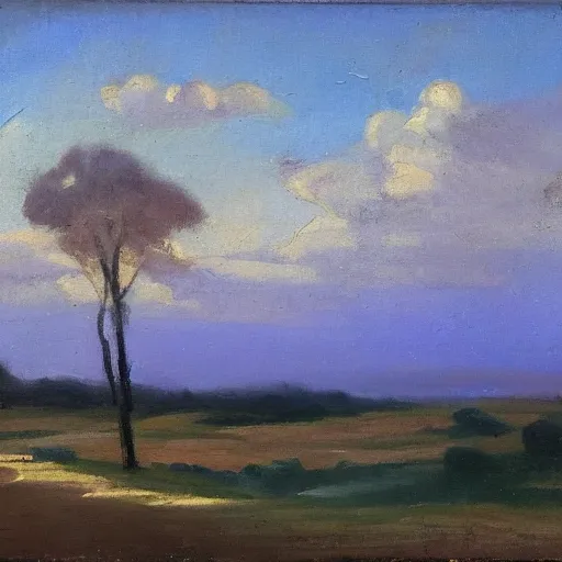 Image similar to Tonalist landscape, pastoral scene. Dioxazine purple and ultramarine blue