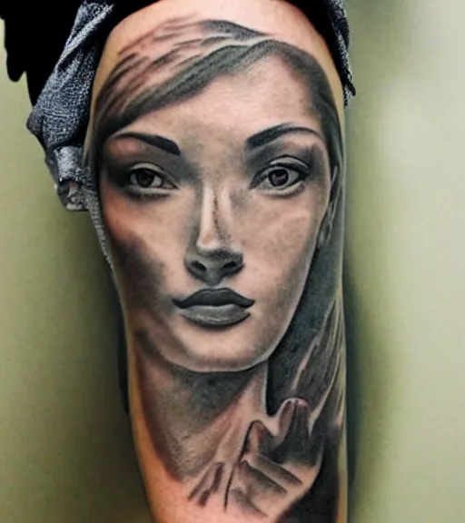 Image similar to realism tattoo sketch of a beautiful woman's face double exposure effect with amazing mountain scenery, in the style of matteo pasqualin, amazing detail, sharp, faded