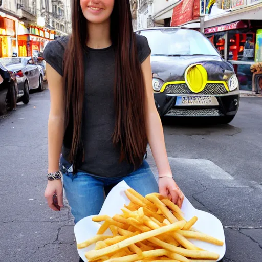 Image similar to comically large french fry next to person