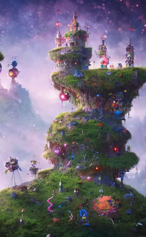 Image similar to microscopic castle on a hill, magical forest, community, robots, electric, furry, soft, concept art, intricate details, highly detailed, photorealistic, disney pixar, octane render, iridescent, anime, 8 k