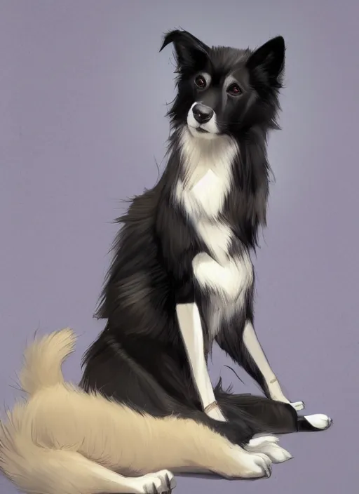 Image similar to wide angle beautiful full body portrait of a male anthropomorphic anthro border collie fursona sitting in a parlor room, character design by charlie bowater, henry asencio, and ross tran, disney, scenic background, detailed, aesthetic, trending on artstation, furaffinity, deviantart