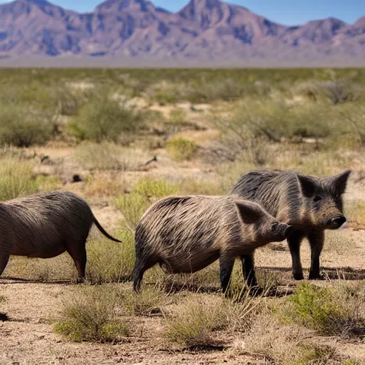 Prompt: photo of a pack of wild pigs, in the Texas desert, cactus, desert mountains, big bend, 50mm, beautiful photo,