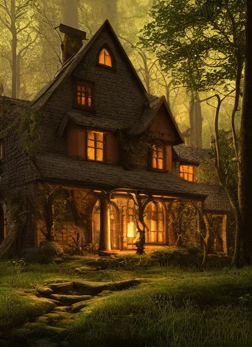 Image similar to hyper realistic homely witch cottage with random architectural styles, in the woods gorgeous lighting, highly detailed, lush forest painting by norman rockwell, james gurney zdzisław beksinski and norman rockwell and greg rutkowskiweta octane render