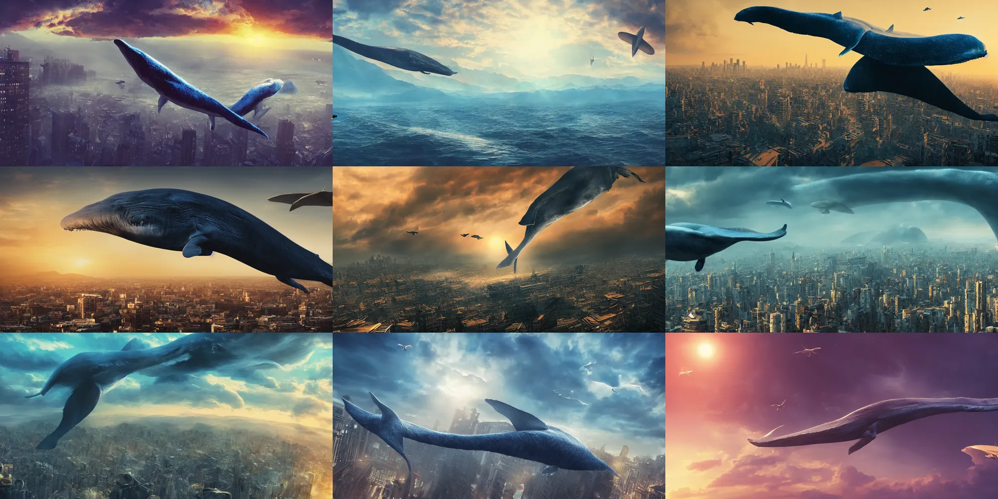 Prompt: a huge blue whale is flying above a city, epic, surreal, cinematic shot, golden hour, artstation, deviantart, dreamy atmosphere, high definition