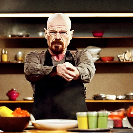 Prompt: a still of walter white competing on the cooking show chopped, still