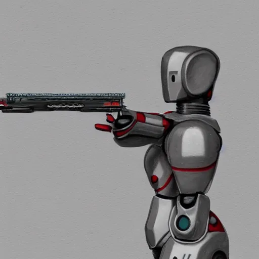 Prompt: a drawing of a robot that is holding a gun, concept art by michelangelo, polycount, neoism, full body, official art, reimagined by industrial light and magic