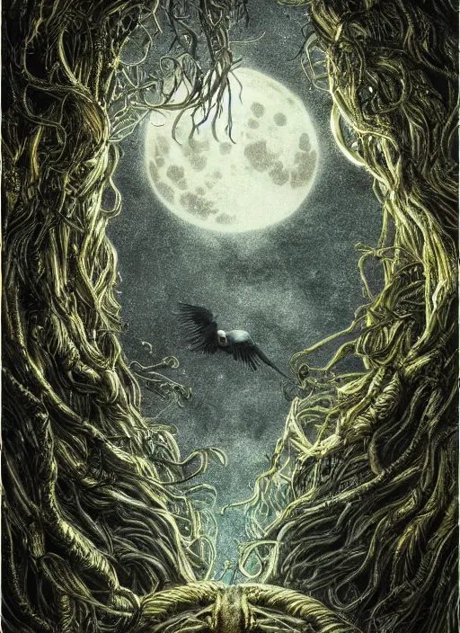 Prompt: glowing silver and golden elements, full close-up portrait, ghibli crow, book cover, green forest, white moon, establishing shot, extremly high detail, photo-realistic, cinematic lighting, pen and ink, intricate line drawings, by Yoshitaka Amano, Ruan Jia, Kentaro Miura, Artgerm, post processed, concept art, artstation, matte painting, style by eddie mendoza, raphael lacoste, alex ross