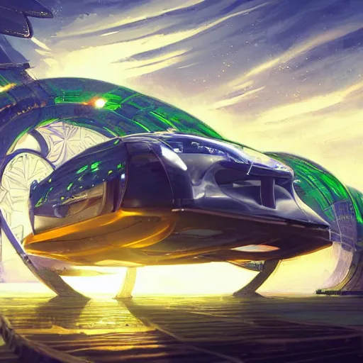 Image similar to solarpunk hovercar, clean energy, green technology, batoidea shape, airspace, sunny day, futurism, intricate, engines, glow, highly detailed, peaceful, utopia, bright, digital painting, artstation, concept art, smooth, sharp focus, epic landscape, art by akihiko yoshida and tim mcburnie and anato finnstark