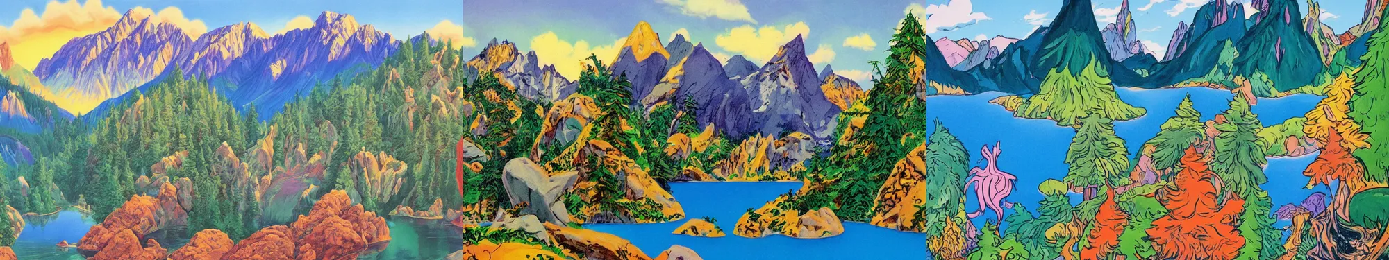 Prompt: lakeside mountains, by theodor seuss geisel