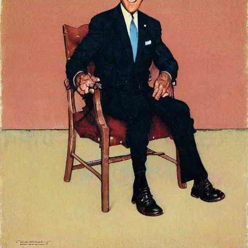 Image similar to Norman Rockwell portrait of Joe Biden. He's sitting on a chair, cozy fire