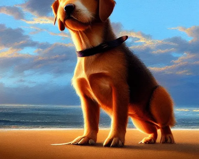 Image similar to a cute puppy with its eyes closed on a very windy day, at the sea,, wind blowing through its fur, highly detailed, hyperrealistic, intricate, sunset in the background, rays of golden red sunlight, oil painting by greg rutkowski and artgerm and wlop