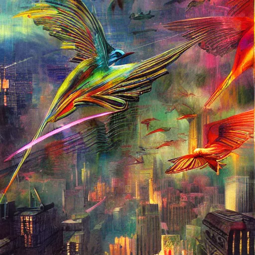 Image similar to iridescent colorful digital birds fly over a progressively rasterized city into virtuality, oil on canvas by dave mckean and ivan shishkin