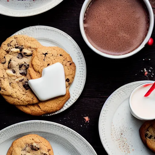 Image similar to cookies and hot chocolate, food photography, cozy