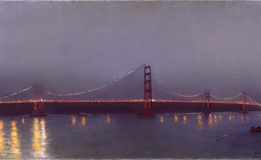 Prompt: a silver train on the golden gate bridge at dusk with fog, by ricardo bofill, by stanhope forbes