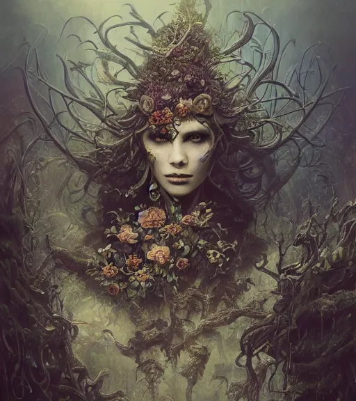 Image similar to portrait of the supreme king of the underworld, cryptic, mysterious, surrounded by skulls and overgrowth and flowers and cords, mist by karol bak, James Jean, tom bagshaw, rococo, trending on artstation, cinematic lighting, hyper realism, octane render, 8k, hyper detailed.