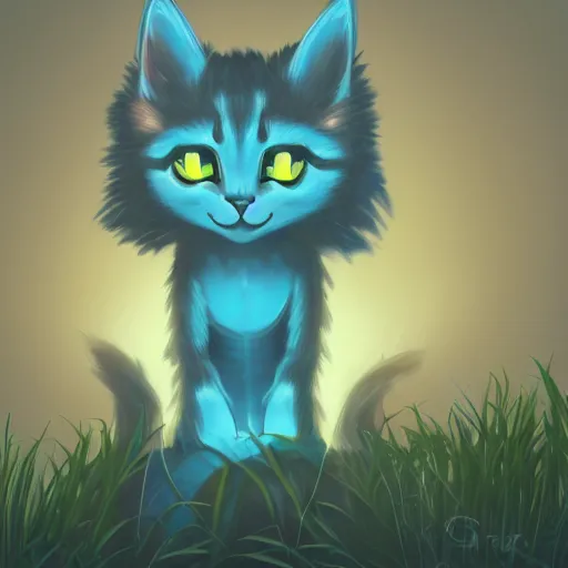 Prompt: illustration of a glowing cute blue warrior cat in grassy field, tree, river, detailed concept art, artstation, warrior cats, shading, hd
