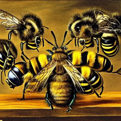Prompt: a bee, a bumblebee and a hornet playing music together, by Salvador Dali