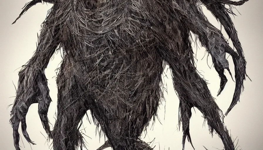 Prompt: concept art of a terrifying monster composed of feathers and string, twisted nightmare, brush hard, artstation, panormic, high quality, brush stroke