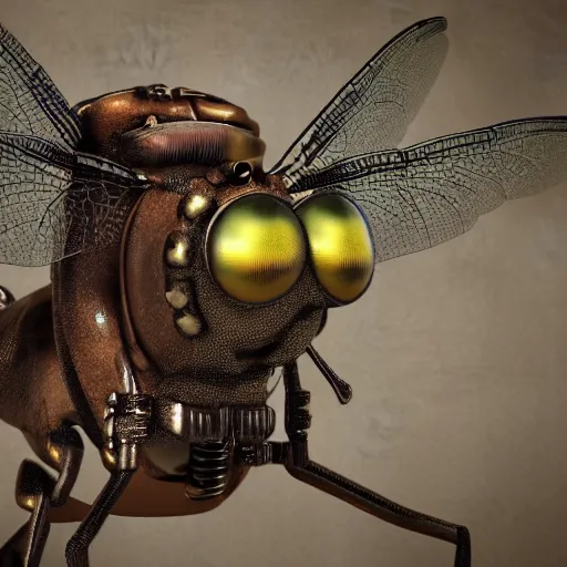 Prompt: close up of a dragonfly wearing steampunk goggles, photorealistic 3D render