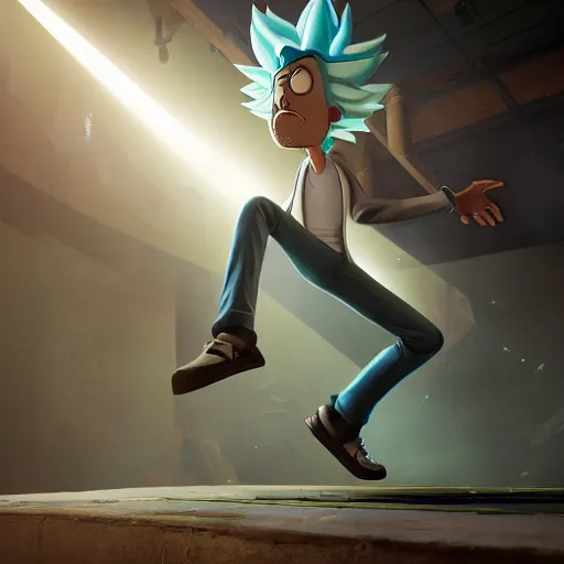 Image similar to full body pose, hyperrealistic photograph of rick sanchez from rick and morty, dim volumetric lighting, 8 k, octane beautifully detailed render, extremely hyper detailed, intricate, epic composition, cinematic lighting, masterpiece, trending on artstation, very very detailed, stunning, hdr, smooth, sharp focus, high resolution, award, winning photo, dslr, 5 0 mm