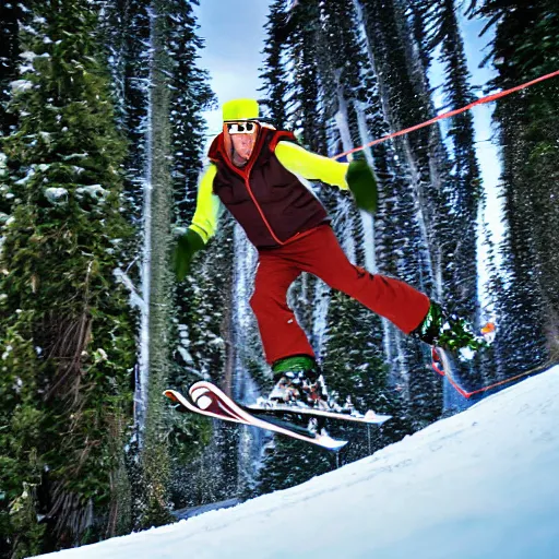 Image similar to Action photograph of Bigfoot skiing in rad 1990s gear, motion blur, Flash photography