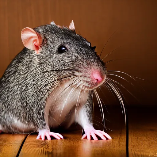 Prompt: professional studio portrait photograph of a domestic pet rat, agouti hooded, variegated, soft lighting, f/16