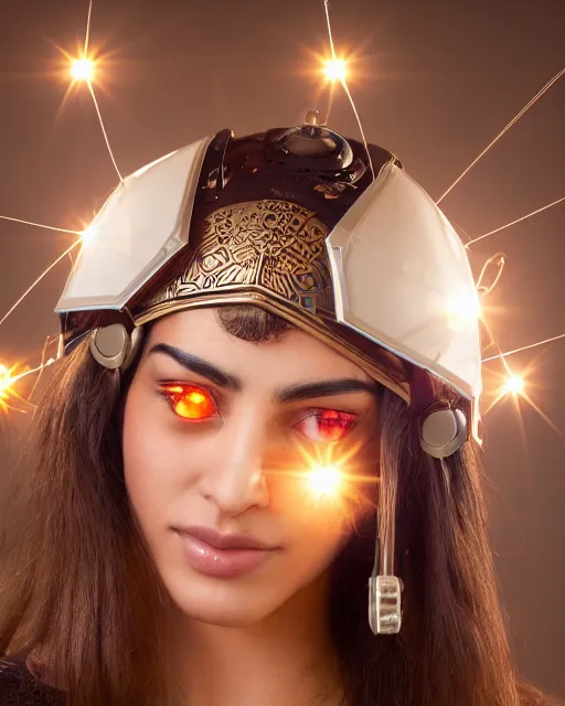 Prompt: centered medium shot fine studio photograph of a beautiful persian girl wearing a mecha electronic helmet with led lights and persian golden ornaments, ultra-realistic, white background, 8k HDR morning light, intricate detail