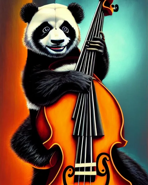 Prompt: a portrait of an anthropomorphic cyberpunk panda playing an upright bass by sandra chevrier, by jon foster, detailed render, electric guitar, epic composition, cybernetics, 4 k realistic, cryengine, realistic shaded lighting, sharp focus, masterpiece, by enki bilal